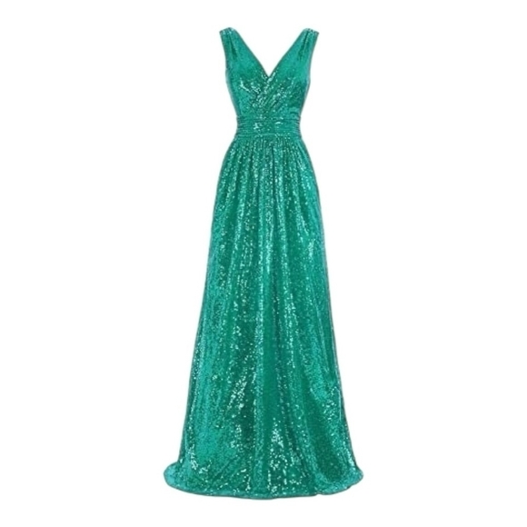 NWT Women Dress KATE KASIN Green Sequin Sleeveless Prom Maxi Dress Ball Gown - Picture 3 of 11